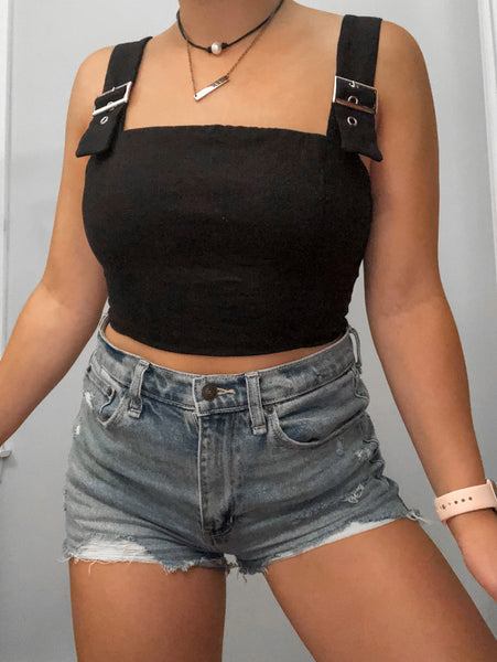 LF Seek The Label Black Silver Buckle Top